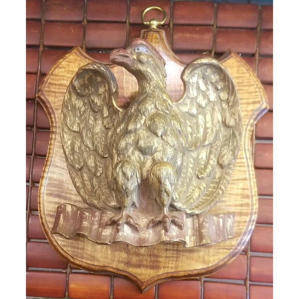 Vintage Golden Eagle On Shield Plaque Wood 12